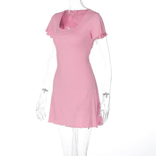Short sleeve u neck ribbed knotted mini dress