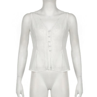 V neck button lace hem solid tank top