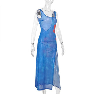 Sheer mesh flower print backless slit tank midi dress