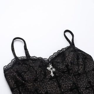 Leopard print cross pattern bowknot lace cami top
