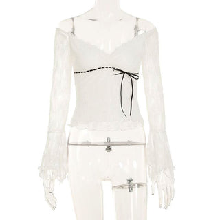 Long sleeve v neck flower lace hem ruffle top