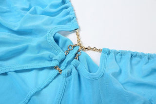 Metal chain halter ruched sheer mesh hollow out cut out maxi dress