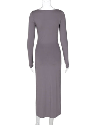 U neck long sleeve slit solid maxi dress