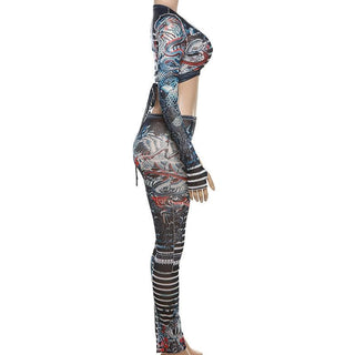 Long sleeve striped dragon print sheer mesh pant set
