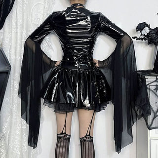 Long flared sleeve PU leather cross front bodysuit