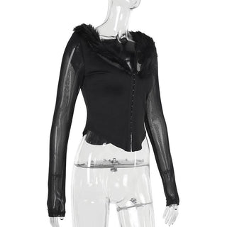 V neck long sleeve fluffy button top