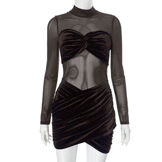 Long sleeve mesh high neck velvet ruched mini dress
