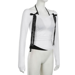 Halter v neck long sleeve bowknot top