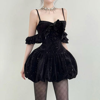 Glitter velvet ruffle flower applique 2-way cami mini dress