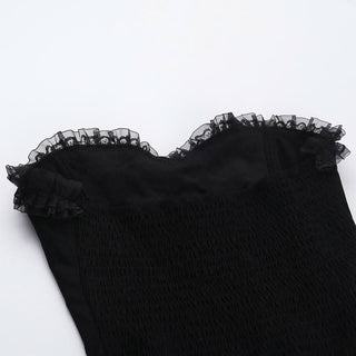 Sweetheart neck lace hem ruffle button mini dress