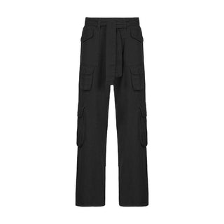 Tie waist pocket button solid straight leg cargo jeans