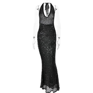 Halter self tie glitter u neck low cut backless maxi dress