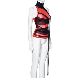 High neck sheer mesh patchwork top