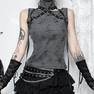 Sleeveless high neck buckle patchwork top
