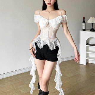 Off shoulder lace ruffle hollow out cut out top