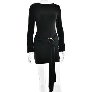Long sleeve ruched metal applique mini dress