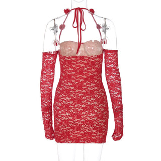 Halter long sleeve off shoulder lace mini dress