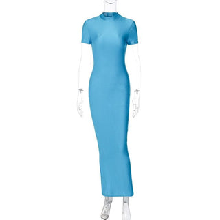 Short sleeve high neck slit solid maxi dress
