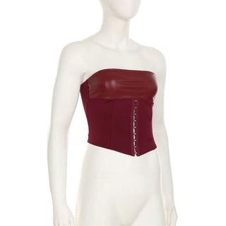 Lace up PU leather button corset solid tube top