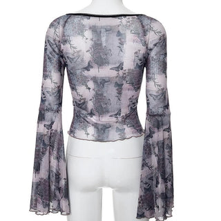 Long flared sleeve butterfly print sheer mesh top
