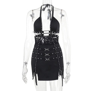 Halter buckle slit backless hollow out cut out mini dress