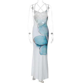 Print cowl neck slit cross back cami maxi dress