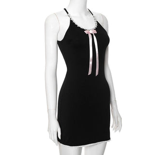 Bowknot ribbon lace hem u neck cross back backless cami mini dress