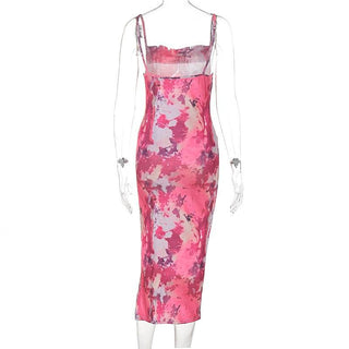 Cowl neck ruched print slit cami midi dress