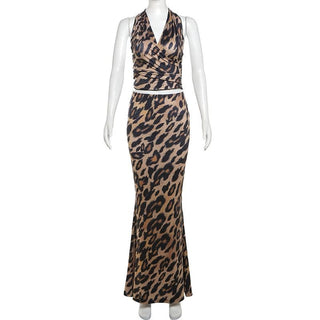 Leopard print halter ruched backless maxi skirt set