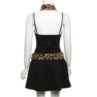 Fluffy leopard print patchwork button zip-up cami mini dress