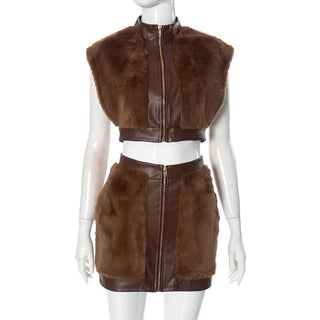 Cap sleeve fluffy PU leather patchwork zip-up mini skirt set