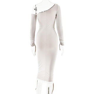 Long sleeve one shoulder ruched stitch mesh midi dress-final-sale