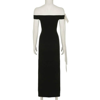 Bowknot off shoulder irregular contrast maxi dress