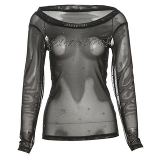 Off shoulder long sleeve beaded sheer mesh solid top