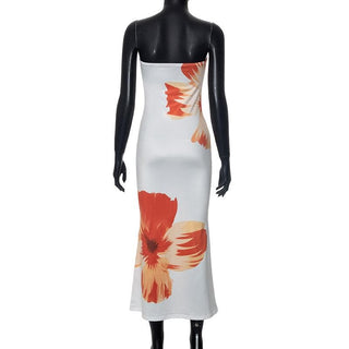 Satin flower print backless contrast tube midi dress