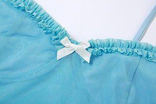 Sweetheart neck mesh bowknot backless ruffle lace hem cami top