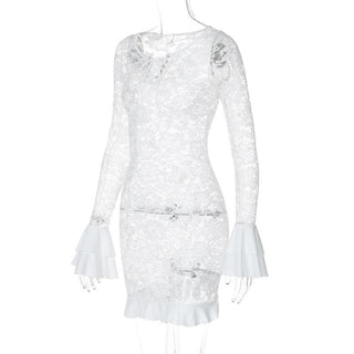 Long flared sleeve lace see through lace up mini dress