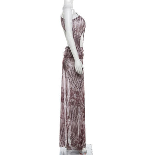 One shoulder irregular hollow out high slit print cut out maxi dress