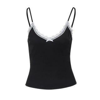 Bowknot lace hem v neck contrast cami top