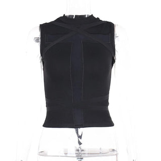 Crewneck patchwork cross front cross pattern tank top