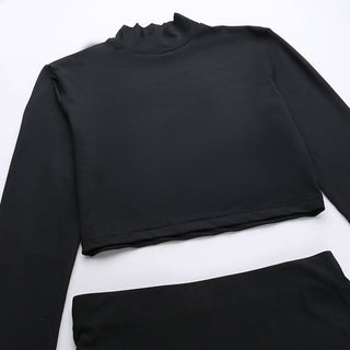 Long sleeve high neck self tie slit maxi skirt set