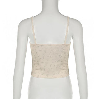 Lace hem bowknot ribbon print stitch cami top