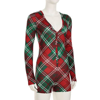 V neck long sleeve plaid button romper