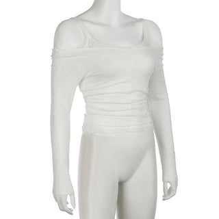 Off shoulder long sleeve lace patchwork top