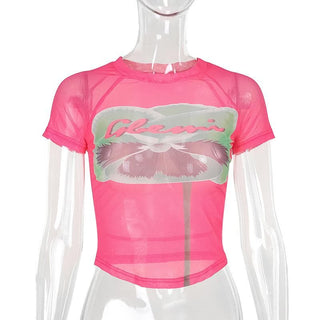 Short sleeve sheer mesh print crop top