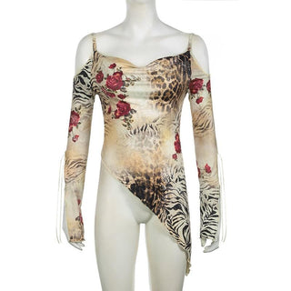 Long sleeve off shoulder irregular print cami top