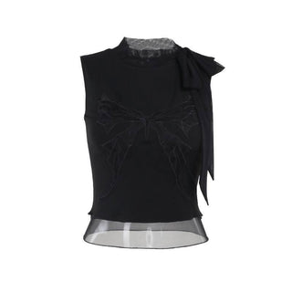 Butterfly embroidery sleeveless mesh knotted top