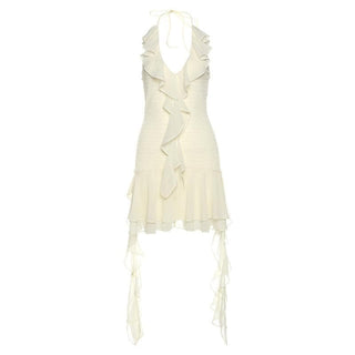 Halter backless v neck ruffle mini dress