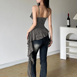 V neck ruffle irregular backless solid cami top