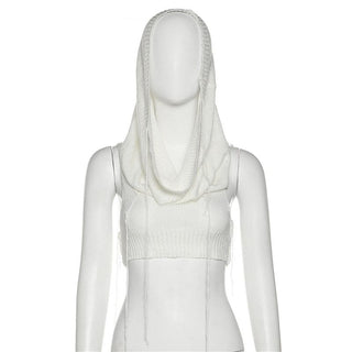 Solid sleeveless knitted stitch hoodie crop top